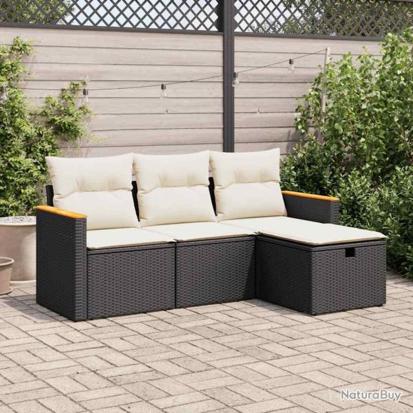 Salon de jardin 4 pcs avec coussins noir r�sine tress�e