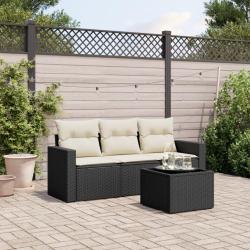 Salon de jardin 4 pcs avec coussins noir r&eacute;sine tress&eacute;e