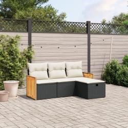 Salon de jardin 4 pcs avec coussins noir r&eacute;sine tress&eacute;e