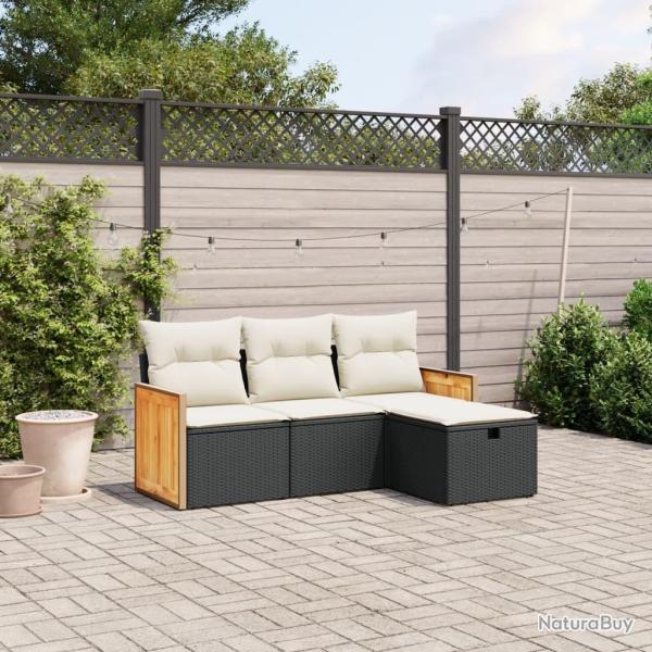 Salon de jardin 4 pcs avec coussins noir r�sine tress�e
