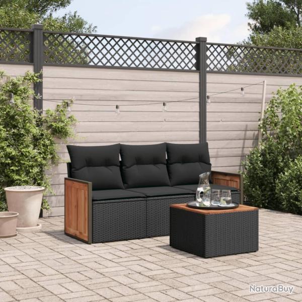Salon de jardin 4 pcs avec coussins noir r�sine tress�e