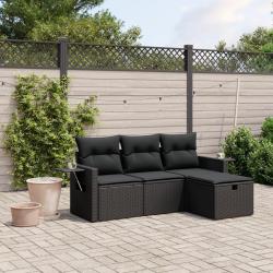Salon de jardin 4 pcs avec coussins noir r&eacute;sine tress&eacute;e