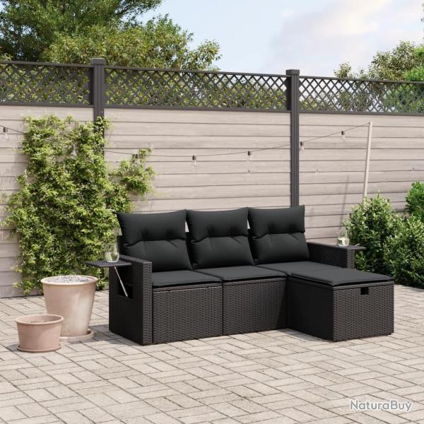 Salon de jardin 4 pcs avec coussins noir r�sine tress�e