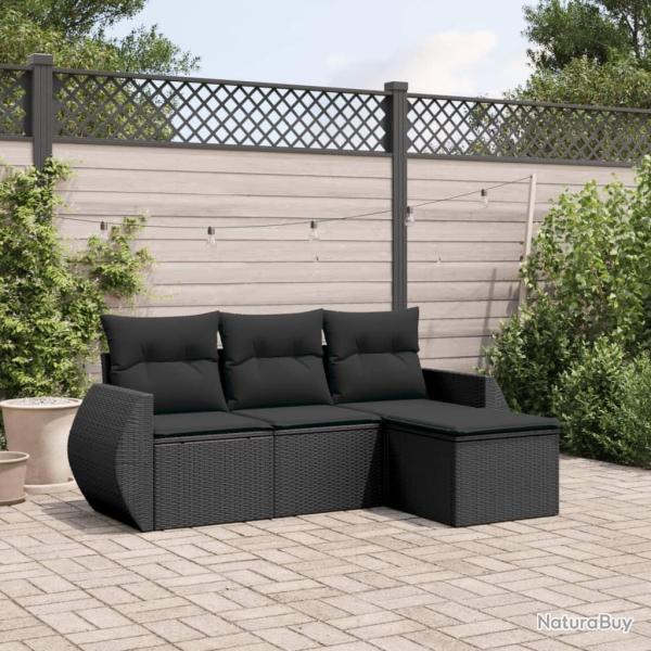 Salon de jardin 4 pcs avec coussins noir r�sine tress�e