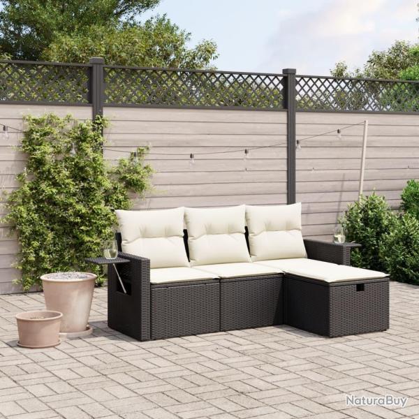Salon de jardin 4 pcs avec coussins noir r�sine tress�e
