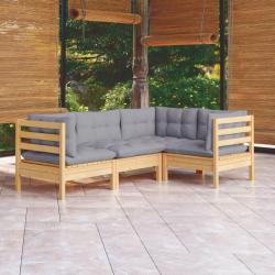 Salon de jardin 4 pcs avec coussins gris Bois de pin alsavelo