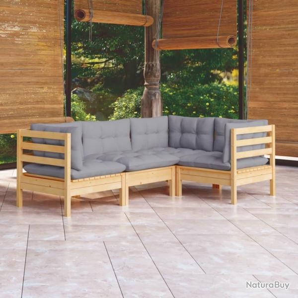 Salon de jardin 4 pcs avec coussins gris Bois de pin alsavelo