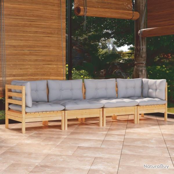 Salon de jardin 4 pcs avec coussins gris Bois de pin massif alsavelo