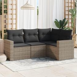 Salon de jardin 4 pcs avec coussins gris r&eacute;sine tress&eacute;e