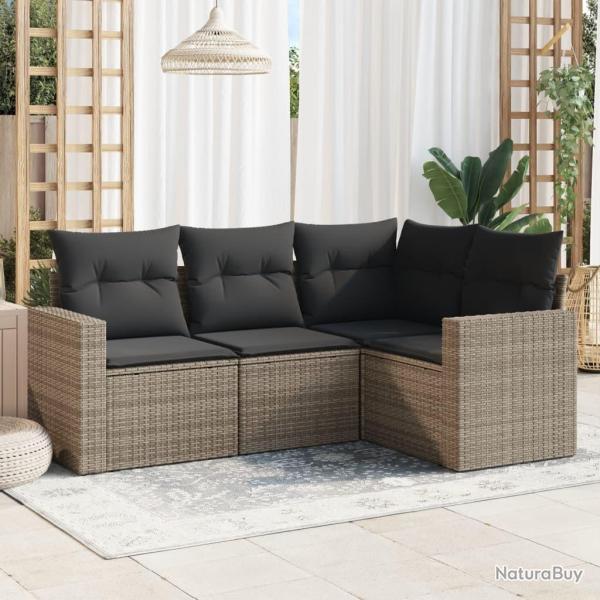 Salon de jardin 4 pcs avec coussins gris r�sine tress�e