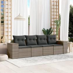 Salon de jardin 4 pcs avec coussins gris r&eacute;sine tress&eacute;e