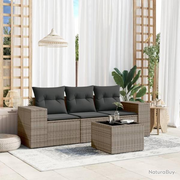 Salon de jardin 4 pcs avec coussins gris r�sine tress�e alsavelo