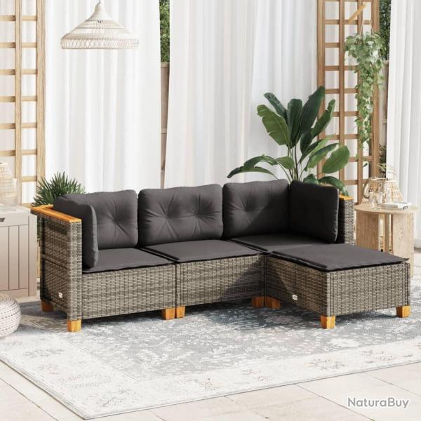 Salon de jardin 4 pcs avec coussins gris r�sine tress�e