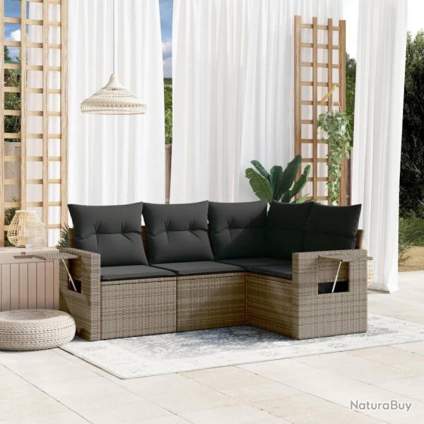 Salon de jardin 4 pcs avec coussins gris r�sine tress�e