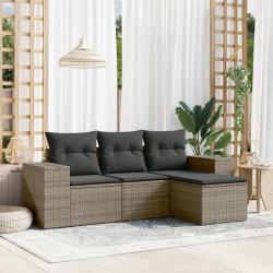 Salon de jardin 4 pcs avec coussins gris r&eacute;sine tress&eacute;e