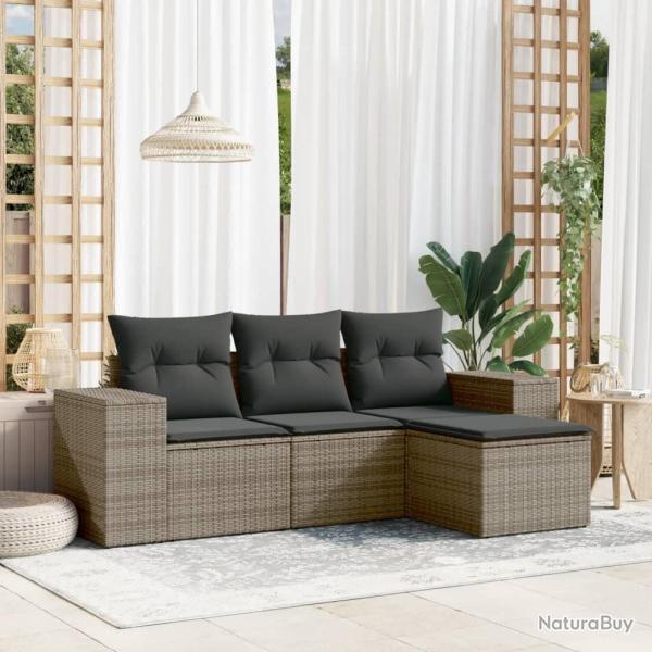 Salon de jardin 4 pcs avec coussins gris r�sine tress�e