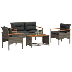 Salon de jardin 4 pcs avec coussins gris r&eacute;sine tress&eacute;e