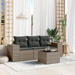 Salon de jardin 4 pcs avec coussins gris r&eacute;sine tress&eacute;e