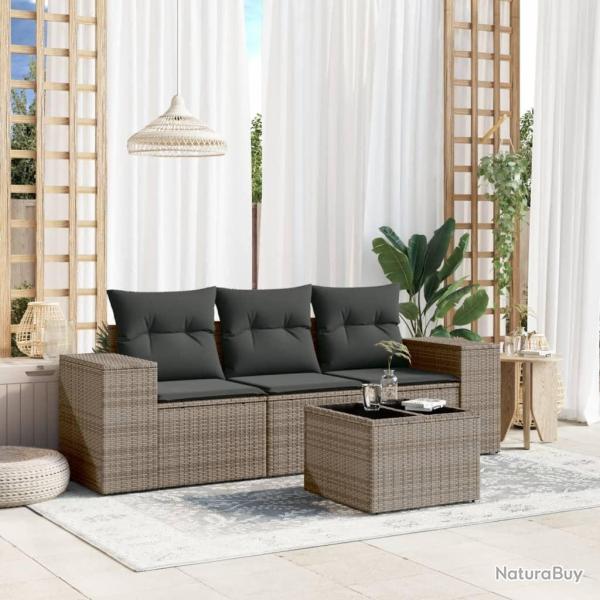 Salon de jardin 4 pcs avec coussins gris r�sine tress�e