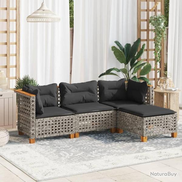 Salon de jardin 4 pcs avec coussins gris r�sine tress�e alsavelo