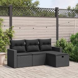 Salon de jardin 4 pcs avec coussins noir r&eacute;sine tress&eacute;e