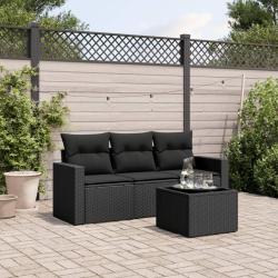 Salon de jardin 4 pcs avec coussins noir r&eacute;sine tress&eacute;e