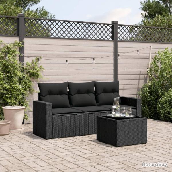 Salon de jardin 4 pcs avec coussins noir r�sine tress�e