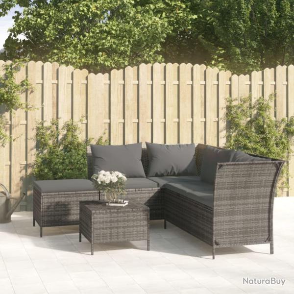 Salon de jardin 4 pcs avec coussins Gris R�sine tress�e