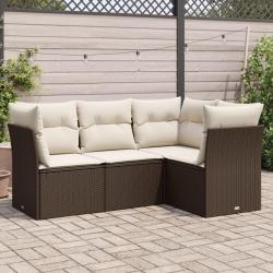 Salon de jardin 4 pcs avec coussins marron r&eacute;sine tress&eacute;e alsavelo
