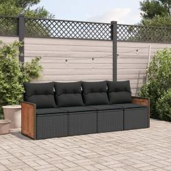 Salon de jardin 4 pcs avec coussins noir r&eacute;sine tress&eacute;e