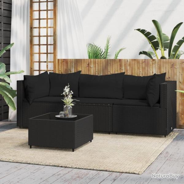 Salon de jardin 4 pcs avec coussins Noir R�sine tress�e alsavelo