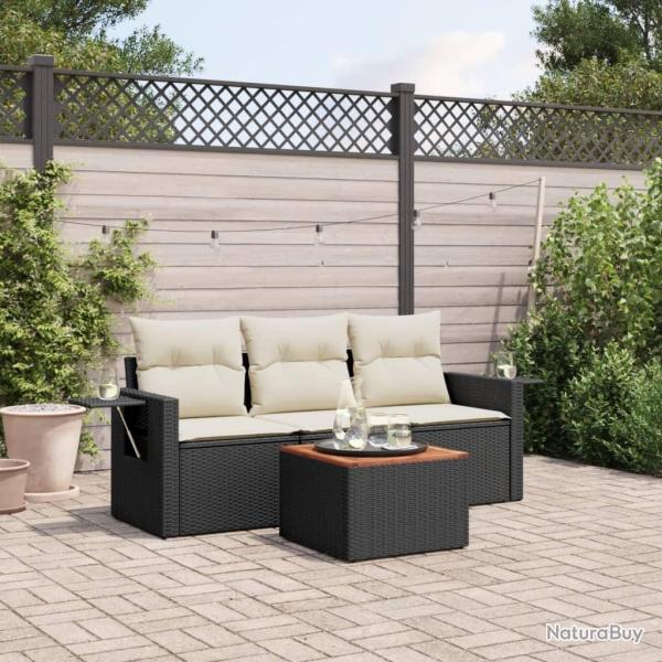 Salon de jardin 4 pcs avec coussins noir r�sine tress�e