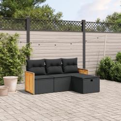 Salon de jardin 4 pcs avec coussins noir r&eacute;sine tress&eacute;e
