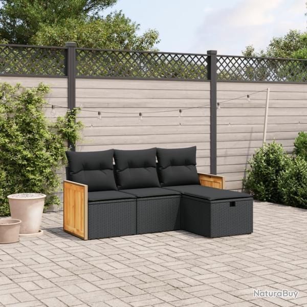 Salon de jardin 4 pcs avec coussins noir r�sine tress�e