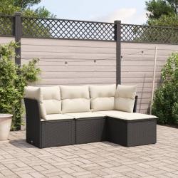 Salon de jardin 4 pcs avec coussins noir r&eacute;sine tress&eacute;e