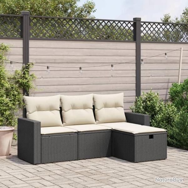 Salon de jardin 4 pcs avec coussins noir r�sine tress�e