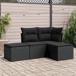 Salon de jardin 4 pcs avec coussins noir r&eacute;sine tress&eacute;e