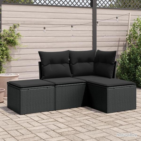Salon de jardin 4 pcs avec coussins noir r�sine tress�e
