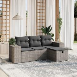 Salon de jardin 4 pcs avec coussins gris r&eacute;sine tress&eacute;e