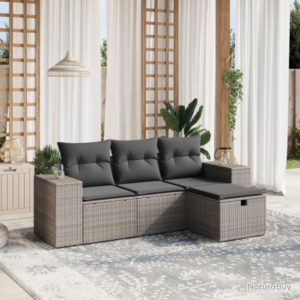 Salon de jardin 4 pcs avec coussins gris r�sine tress�e