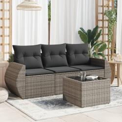 Salon de jardin 4 pcs avec coussins gris r&eacute;sine tress&eacute;e