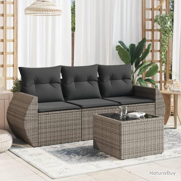 Salon de jardin 4 pcs avec coussins gris r�sine tress�e