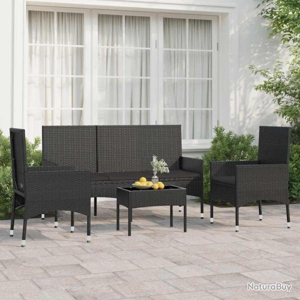 Salon de jardin 4 pcs avec coussins Noir R�sine tress�e