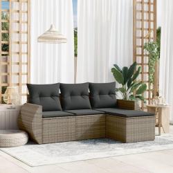 Salon de jardin 4 pcs avec coussins gris r&eacute;sine tress&eacute;e