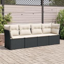 Salon de jardin 4 pcs avec coussins noir r&eacute;sine tress&eacute;e