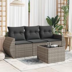 Salon de jardin 4 pcs avec coussins gris r&eacute;sine tress&eacute;e