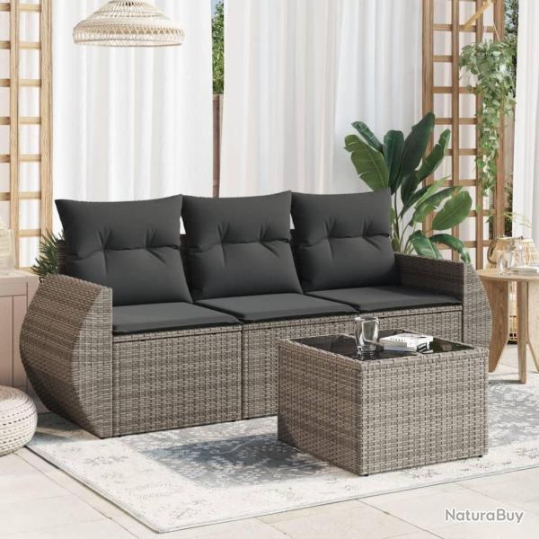 Salon de jardin 4 pcs avec coussins gris r�sine tress�e alsavelo