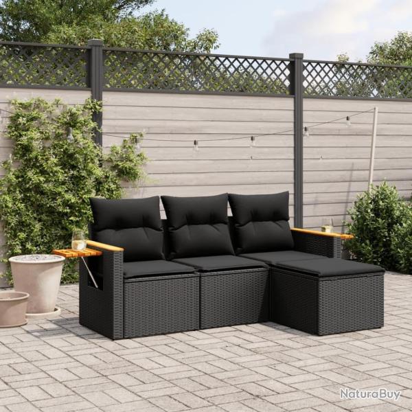 Salon de jardin 4 pcs avec coussins noir r�sine tress�e