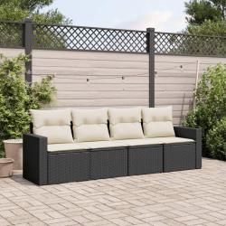 Salon de jardin 4 pcs avec coussins noir r&eacute;sine tress&eacute;e