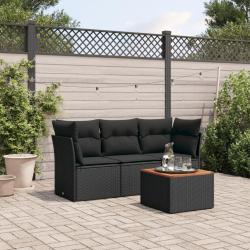 Salon de jardin 4 pcs avec coussins noir r&eacute;sine tress&eacute;e
